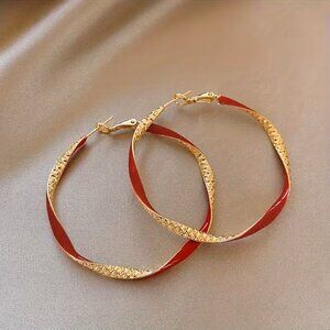 Gorgeous Twisted Large Red & Gold Hoop Earrings C001